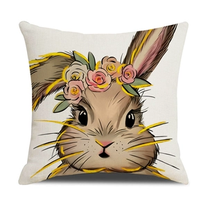 Easter rabbit pillow cover with pink flower crown floral linen square sofa cushion case
