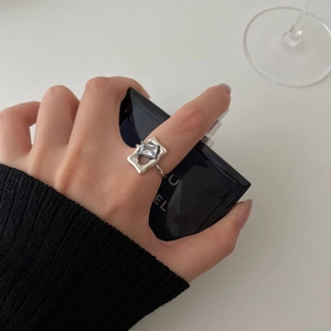 Minimalist 925 sterling silver ring with square zircon in geometric open frame design