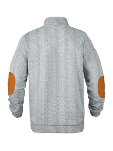 Rear view of grey quilted sweater featuring stand collar and brown suede elbow patches