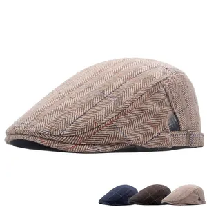 British vintage herringbone tweed newsboy cap with adjustable size and checkered pattern