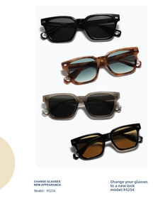 Detailed view of square sunglasses in four colors with decorative hollow metal ring temples
