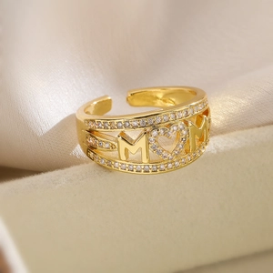 18K gold plated adjustable MAMA letter ring with zircon heart for women's fashion