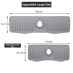 Size chart showing large and small silicone faucet draining mats with precise measurements