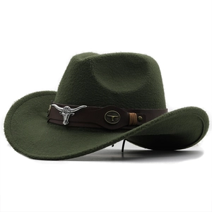 Detail of dark green felt cowboy hat featuring leather band with metal bull head charms