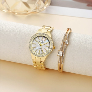 Coffret montre et bracelet dorés avec lunette sertie de diamants et cadran marbré
