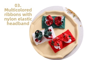 Detailed view of three-layer nylon bow headbands with polka dots and silver trim accents