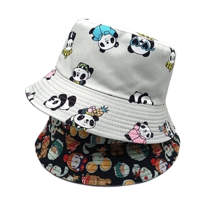 Two-pack reversible bucket hats with cartoon panda and bear prints for outdoor sun protection