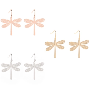 Detailed close-up of dragonfly drop earrings in gold, rose gold and silver finishes