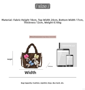 Detailed size guide for the plush dog bag showing dimensions and capacity limits