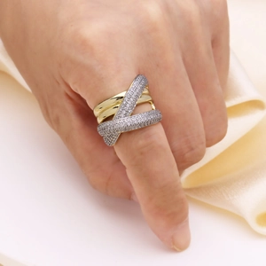 Exaggerated two-tone heart wrap ring in gold and silver finish with pavé zircon stones