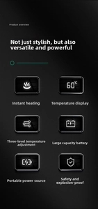 Detail view of digital display hand warmer features including power bank and 3 heat settings