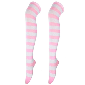 Cute pink and white striped over-the-knee knit socks for women in a lolita style