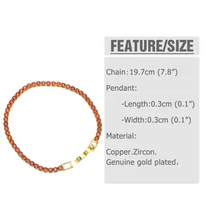 Detailed size chart for 19.7cm gold-plated tennis bracelet with red zircon stones
