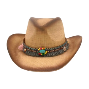 Ethnic style western straw cowboy hat with colorful beads and turquoise detail