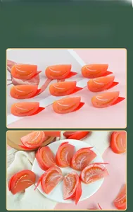 Macro detail of realistic artificial tomato slices showing seeds and fleshy texture