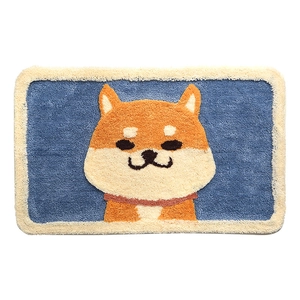 Cartoon shiba inu plush floor mat in blue with non-slip backing for bathroom and home use