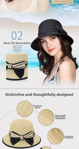 Detailed close-up of straw sun hat featuring elegant bow and branded metallic M accent
