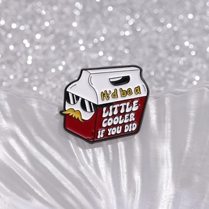 Creative red and white milk box enamel pin with sunglasses design and humorous quote