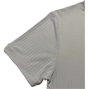 Close-up of ribbed texture and high-quality cuff stitching on grey V-neck Henley shirt