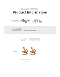 Detail view of gold-plated rocking horse earrings with size 1.5cm and 2.4g weight specs