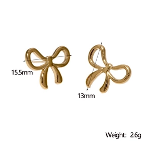 Detailed view of golden bow stud earrings showing dimensions of 15.5mm by 13mm