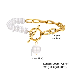 Detail view of pearl and gold chain bracelet with OT toggle clasp and 20cm size markings