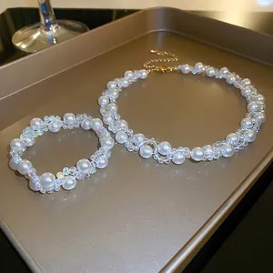 French vintage faux pearl and crystal jewelry set with necklace and bracelet