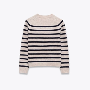 Classic round neck striped knit sweater in beige and navy blue, flat back view layout