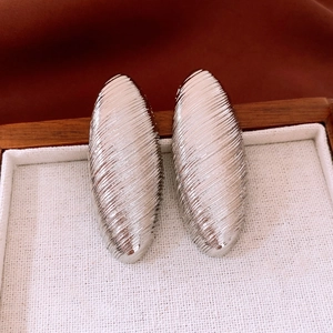 Vue macro de boucles d'oreilles ovales argentées avec texture rayée sur plateau