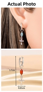 Detail showing 3.7cm long drop earrings with crystal cross charms and size measurements