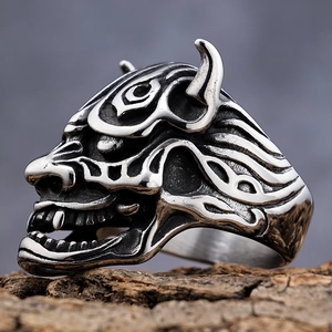 Retro punk gothic Hannya mask stainless steel ring with oxidized finish and horns