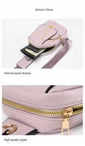 Detail view of pink crossbody chest bag featuring internal storage and gold zipper closure