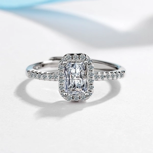 Elegant Rectangle Zircon Ring For Women Platinum Plated Copper Emerald Cut Halo Engagement Adjustable Opening Band