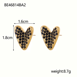 Detail view of heart stud earrings with black rhinestones showing size 1.6cm by 1.8cm