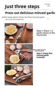 Three-step guide for using the silver metal garlic press to create fine minced garlic