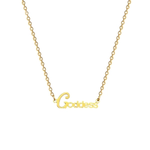 Minimalist titanium steel gold necklace with Goddess letter pendant on white background