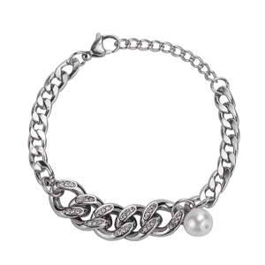Cuban Chain Bracelet And Necklace Titanium Steel With Artificial Pearl And Rhinestone Hip Hop Minimalist Jewelry For Women Men