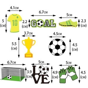 Soccer themed cake toppers set with jersey, trophy, goal, and ball sizes displayed