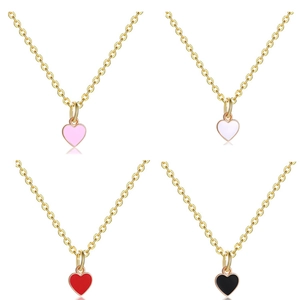 Detailed grid view of colorful heart enamel pendants on golden paperclip chains