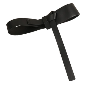 Minimalist black PU leather knot belt for women shown at a 45-degree angle