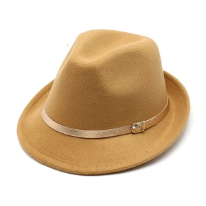Elegant camel wool fedora hat with gold buckle band for women in vintage British style