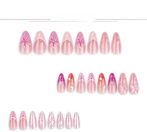 Détails de faux ongles 3D papillon rose avec perles, strass et motifs floraux