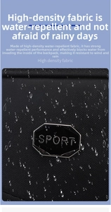 Detail of high-density water-resistant fabric with water droplets and metal Sport logo