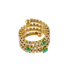 Detail of multi-layer spiral ring with green marquise stones and zircon micro-pave