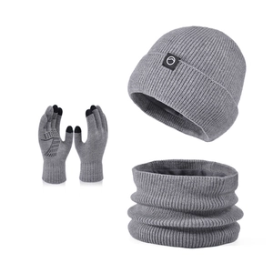 Grey 3-piece winter knit set with thermal hat, neck gaiter, and touchscreen gloves