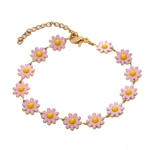 Bracelet ajustable en acier inoxydable avec marguerites en émail coloré rose et jaune