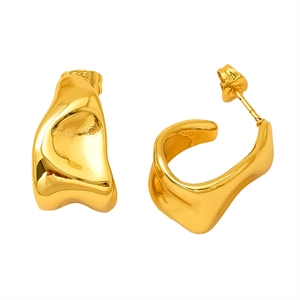 Irregular liquid gold stainless steel C-shape stud earrings with a glossy texture