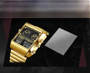 Detail of gold square dual display sports watch with ore high hardened mineral glass