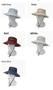 Detail view of breathable sun hats in five colors with wide brims and mesh vents