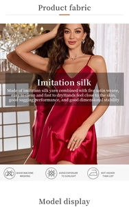 Detailed view of bright red imitation silk satin dress with washing instructions labels